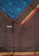 Soft Muslin cotton big florals with thread border - Peacock blue